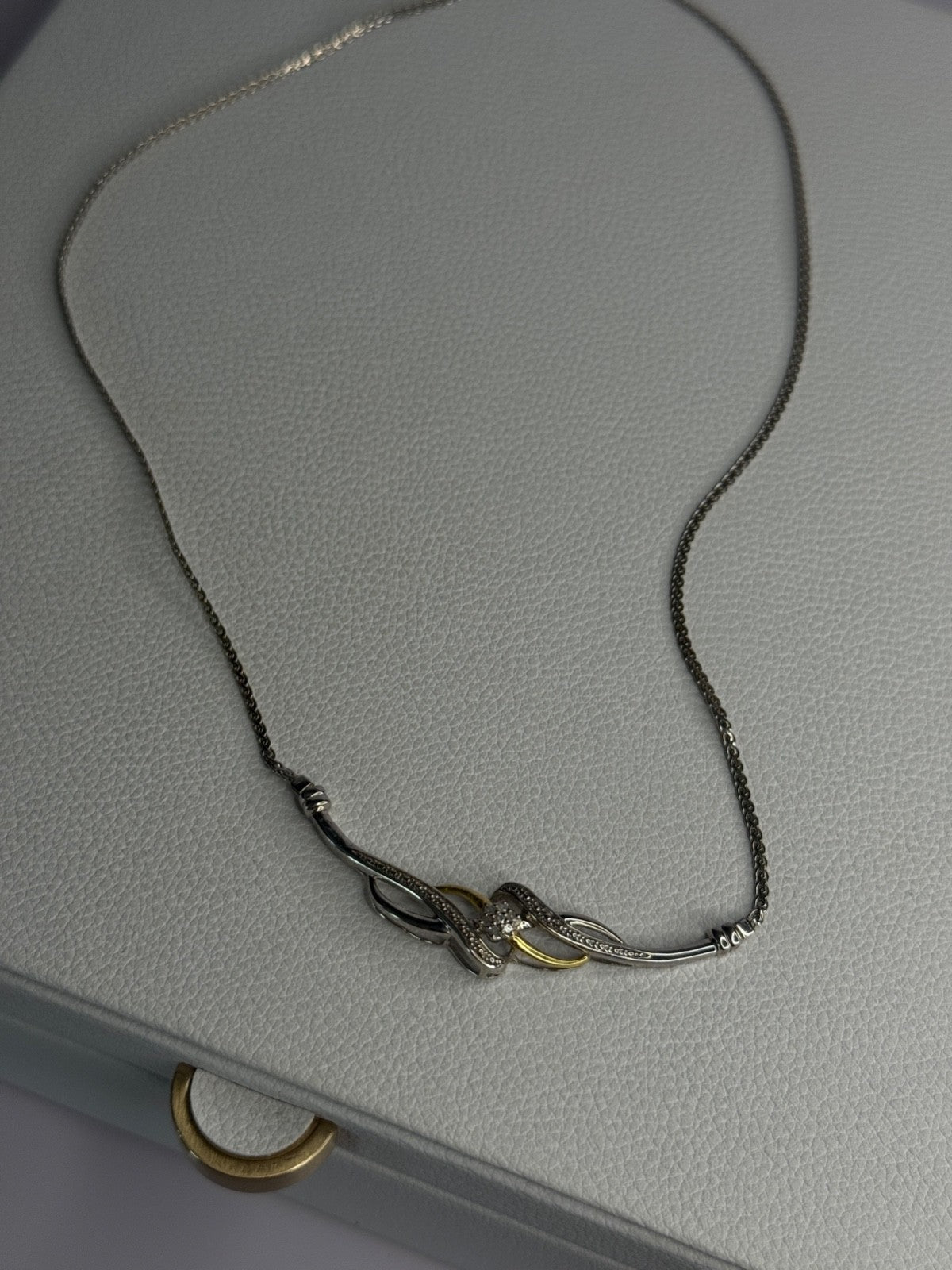 Elegant 925 Sterling Silver Gold Plated Part Diamond Necklace