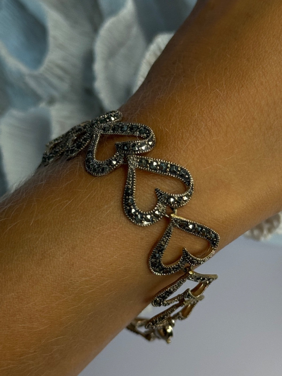 925 Sterling Silver Marcasite Hearts Bracelet Length 7.5