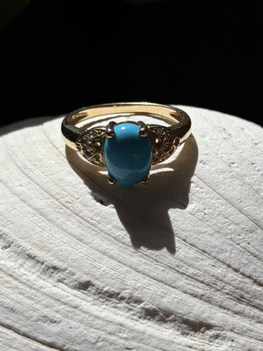 14K Yellow Gold Blue Oval Turquoise & Diamond Ring Size 6