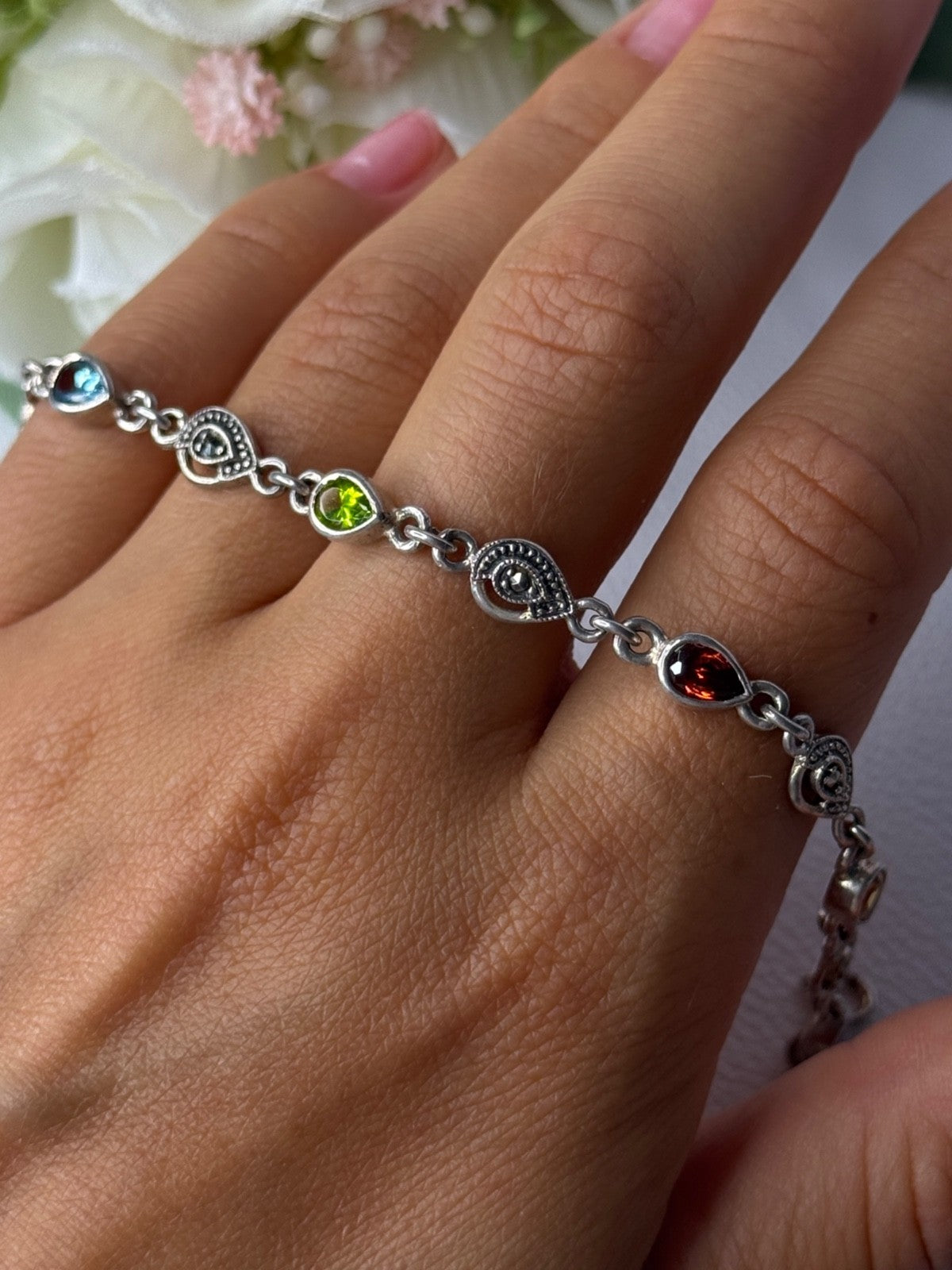 925 Sterling Silver Amethyst Citrine Garnet Peridot Topaz Bracelet Length 7.5 In