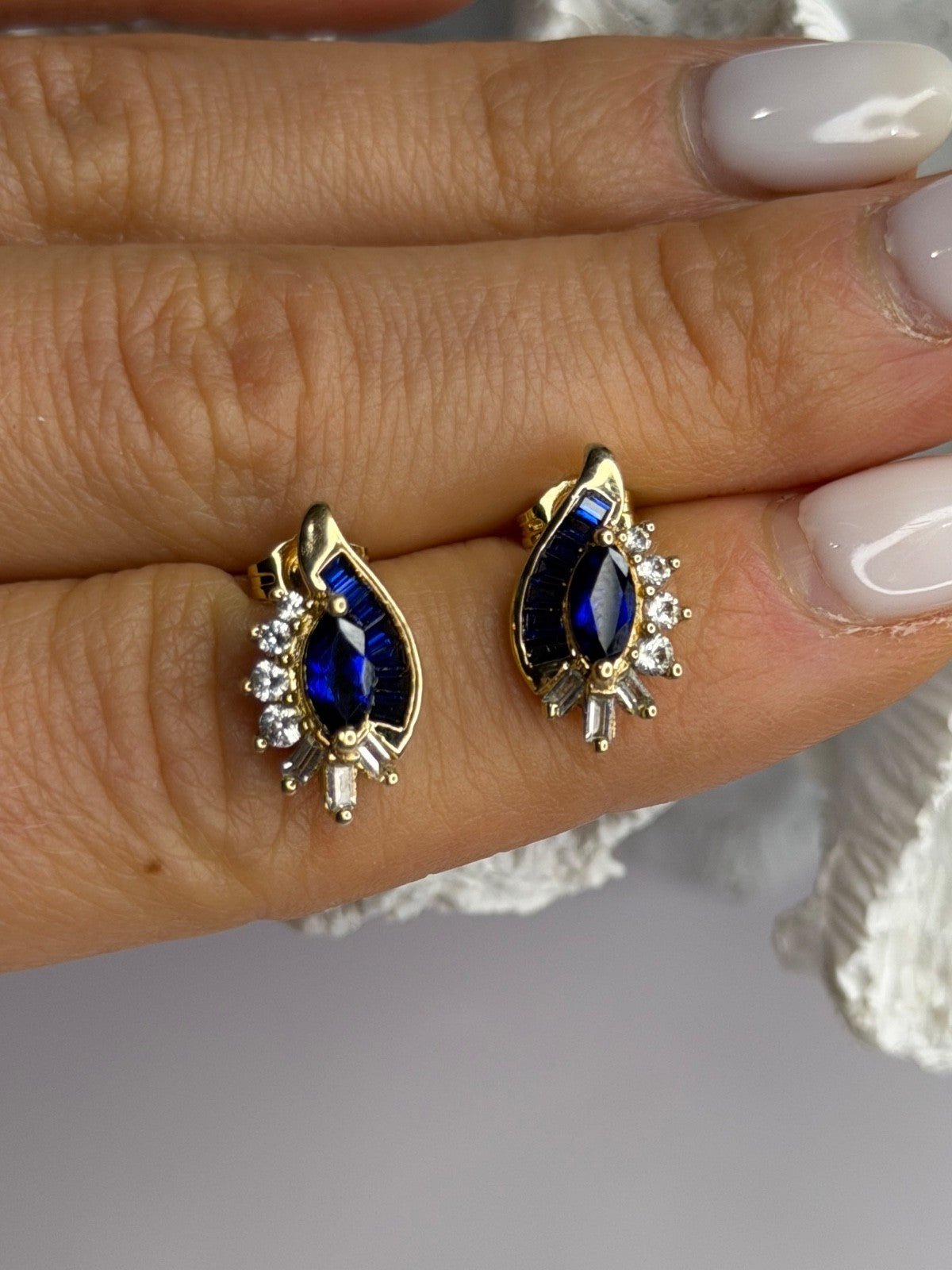 925 Sterling Silver Gold Plated Blue & White Sapphire Earrings