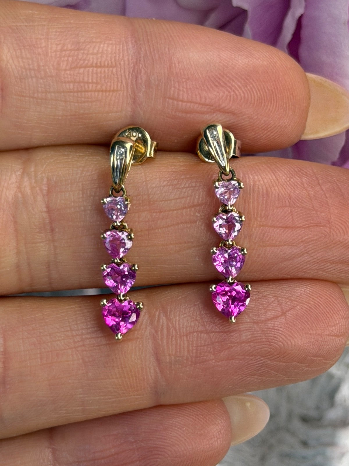 10K Yellow Gold Pink Sapphire & Diamond "Hearts" Earrings