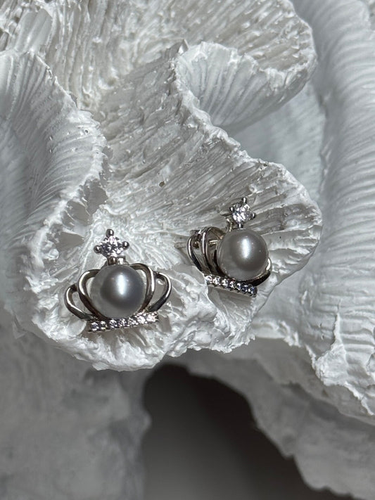 925 Sterling Silver Pearl Crown Earrings Length 0.5 Inch