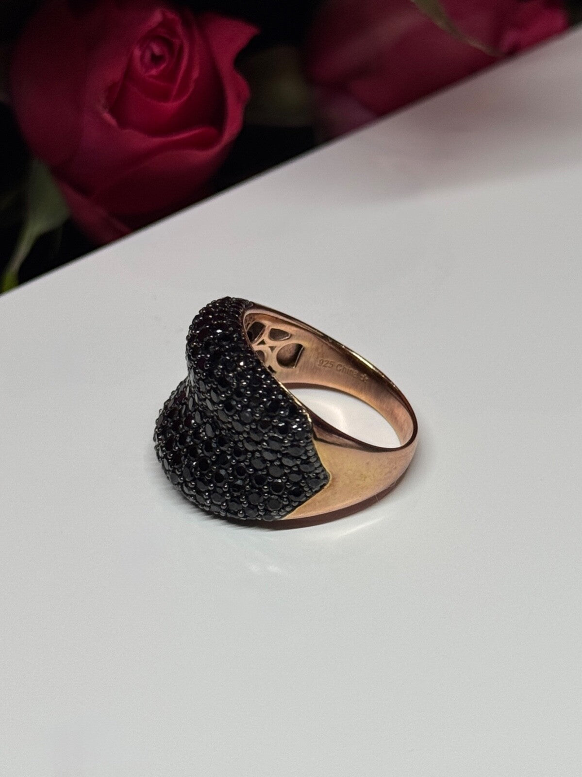 925 Sterling Silver Gold Plated Black Spinel Ring Size 8.5
