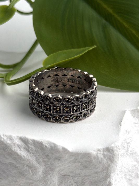 Vintage Art Deco Style 925 Sterling Silver Marcasite Band Ring Size 9
