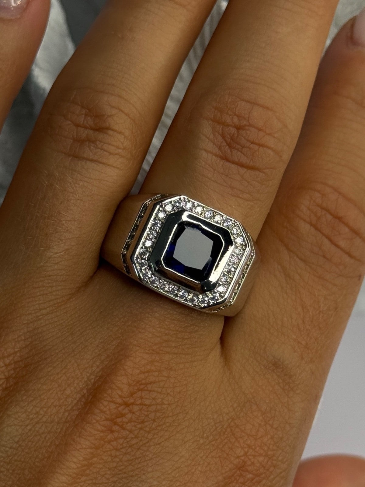 Mens 925 Sterling Silver Sapphire & Beryl Ring Size 10