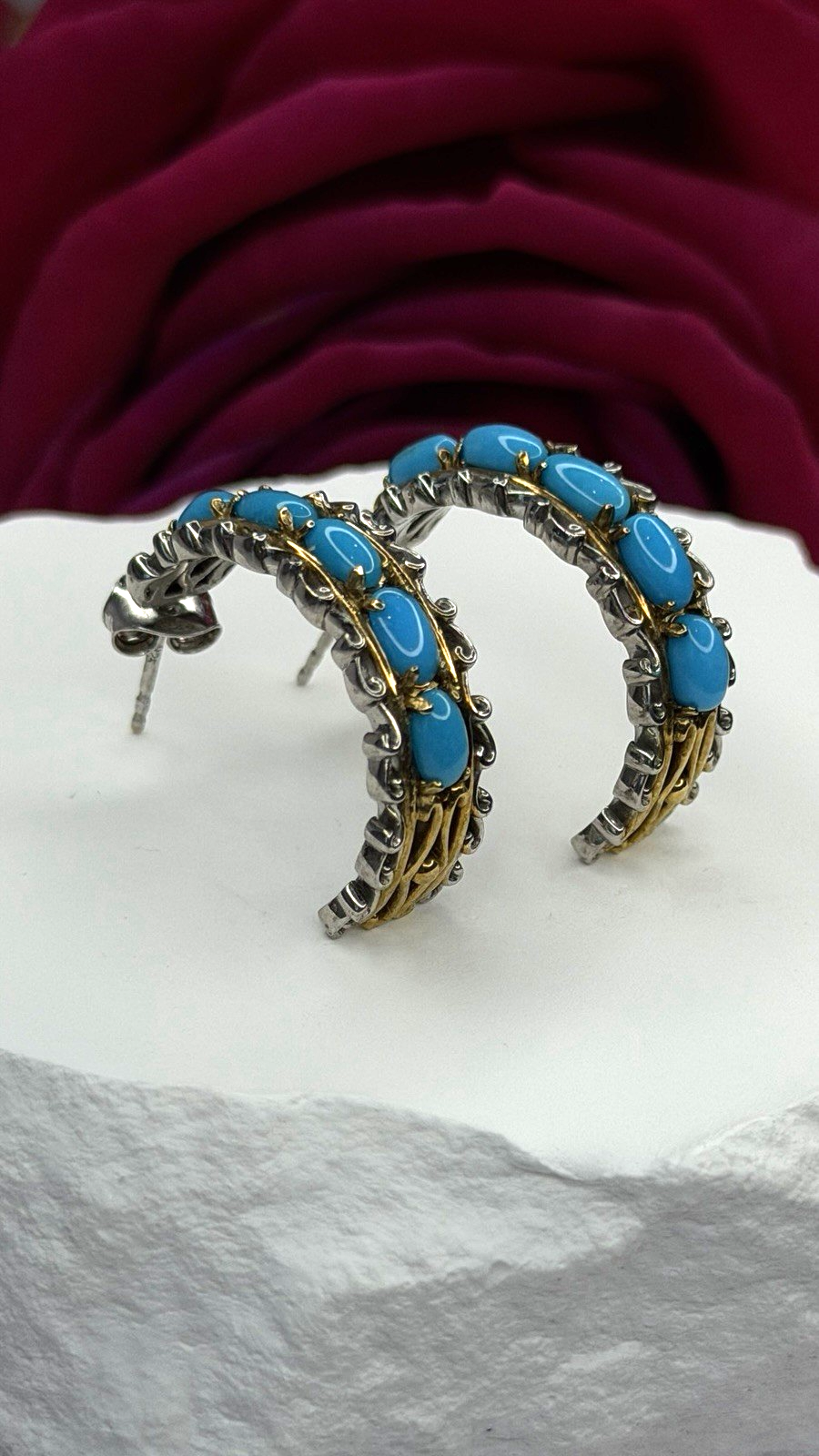 925 Sterling Silver Gold Plated Part Blue Turquoise Earrings