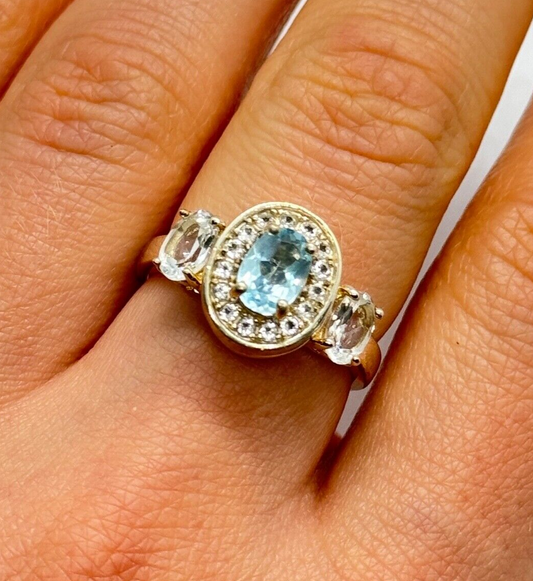 925 Sterling Silver Blue & White Topaz Ring Size 7.5