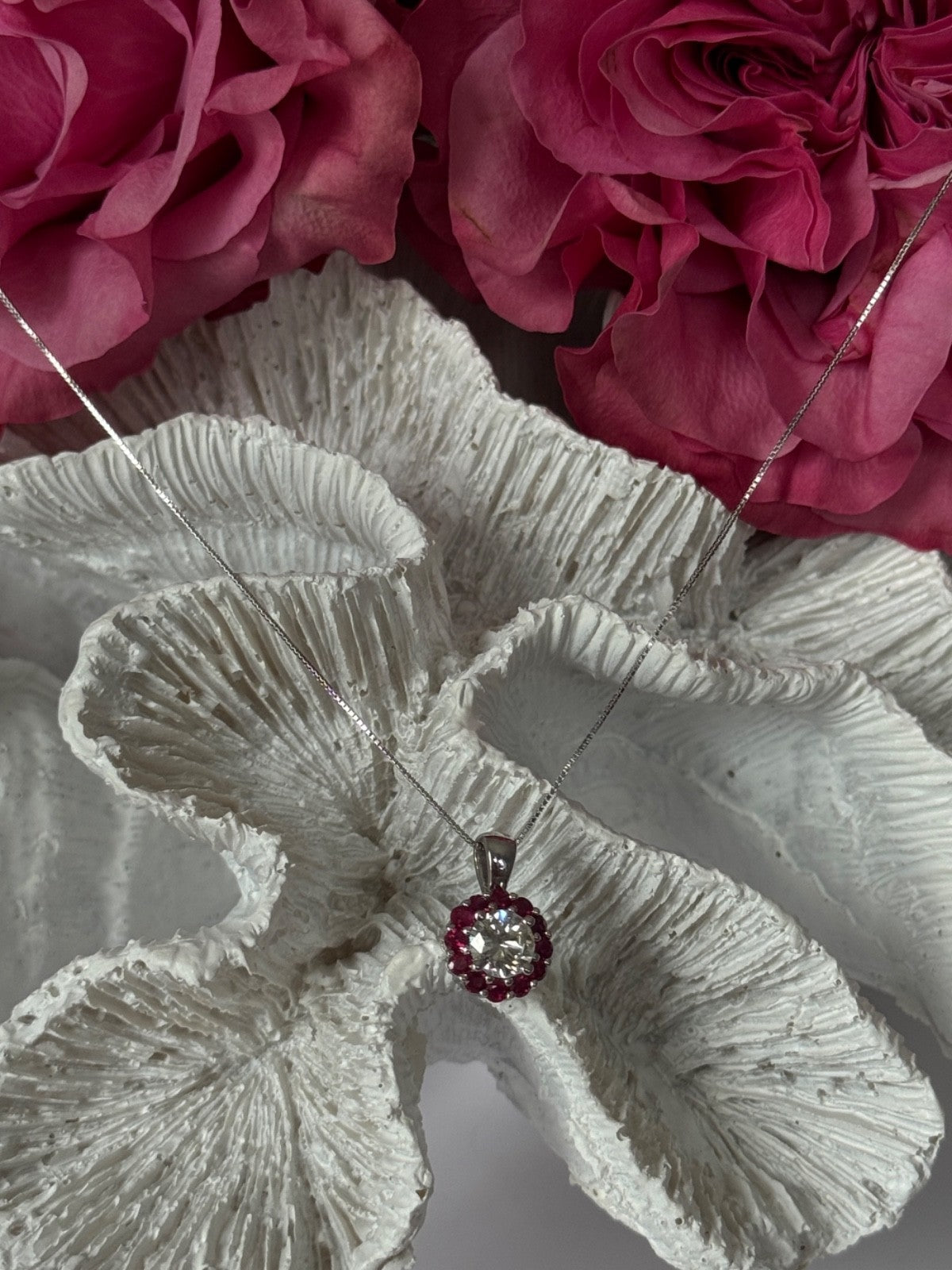 14K White Gold Diamond & Ruby Flower Necklace Length 18 inch