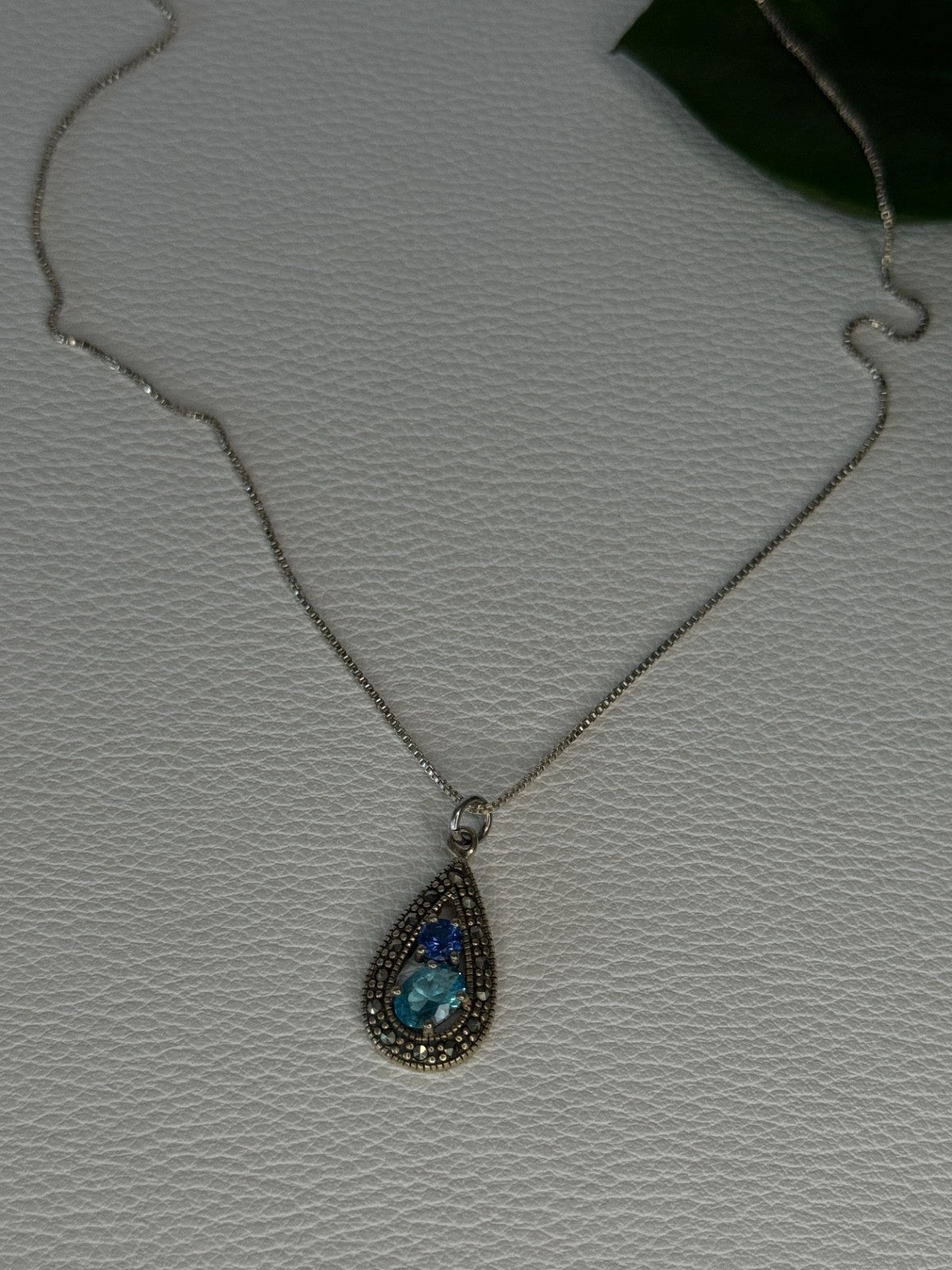 925 Sterling Silver Topaz, Sapphire & Marcasite Necklace Length 15.5 Inch