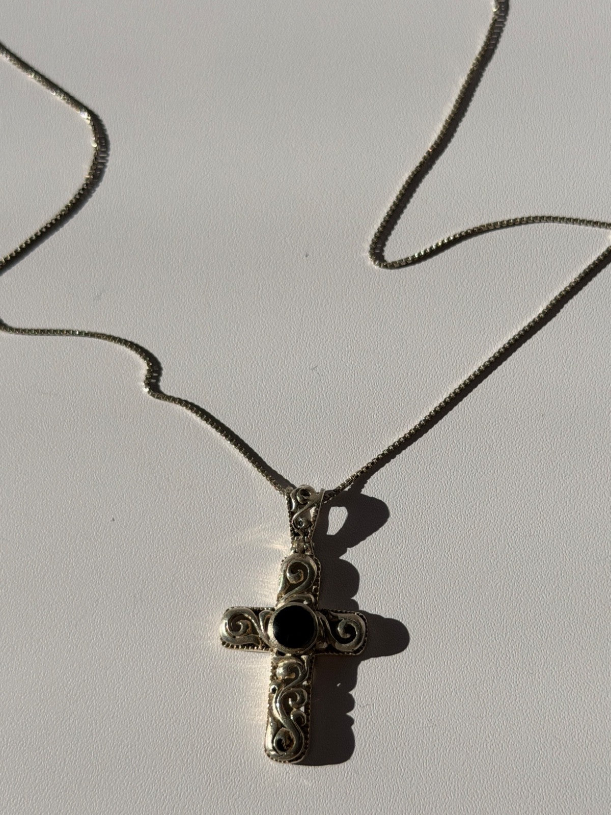 Vintage 925 Sterling Silver Black Onyx Cross Necklace Length 18 in