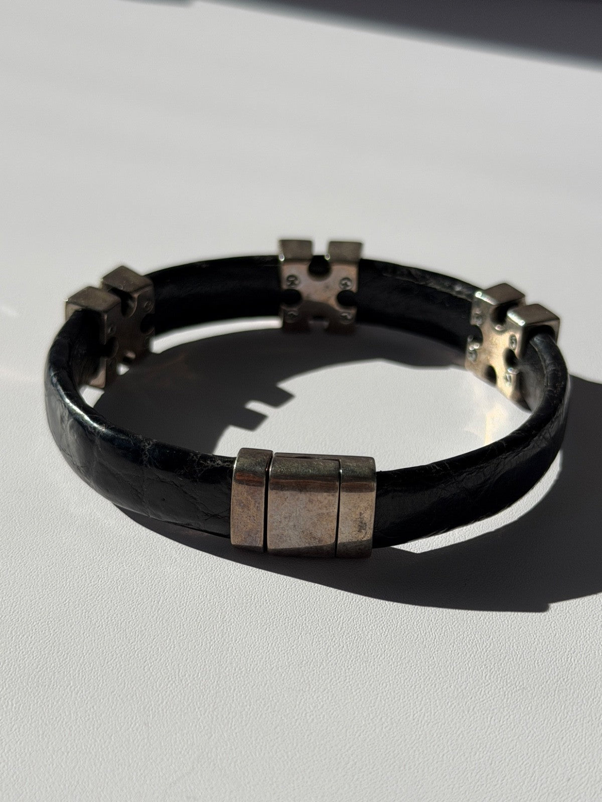 Pat Pend Leather & 925 Sterling Silver Black Agate Bracelet