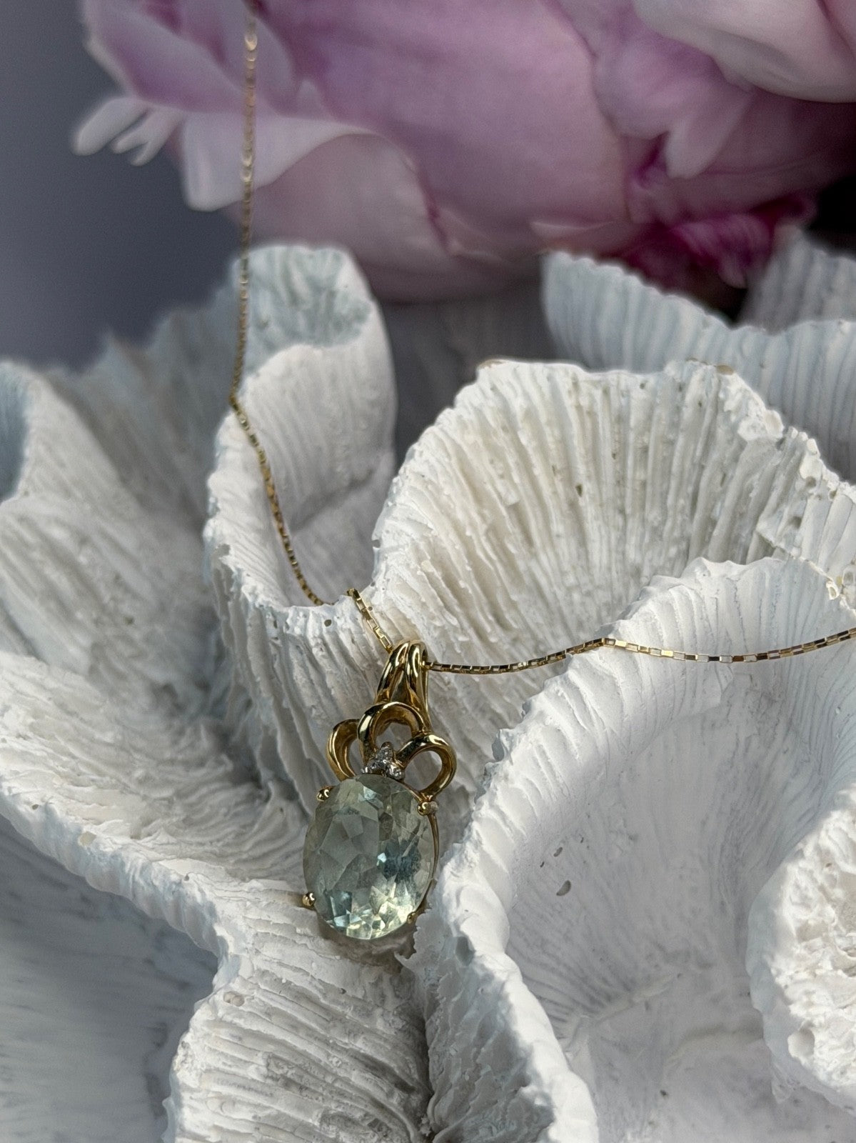 10K Yellow Gold Prasiolite & Diamond Necklace Length 18 Inch