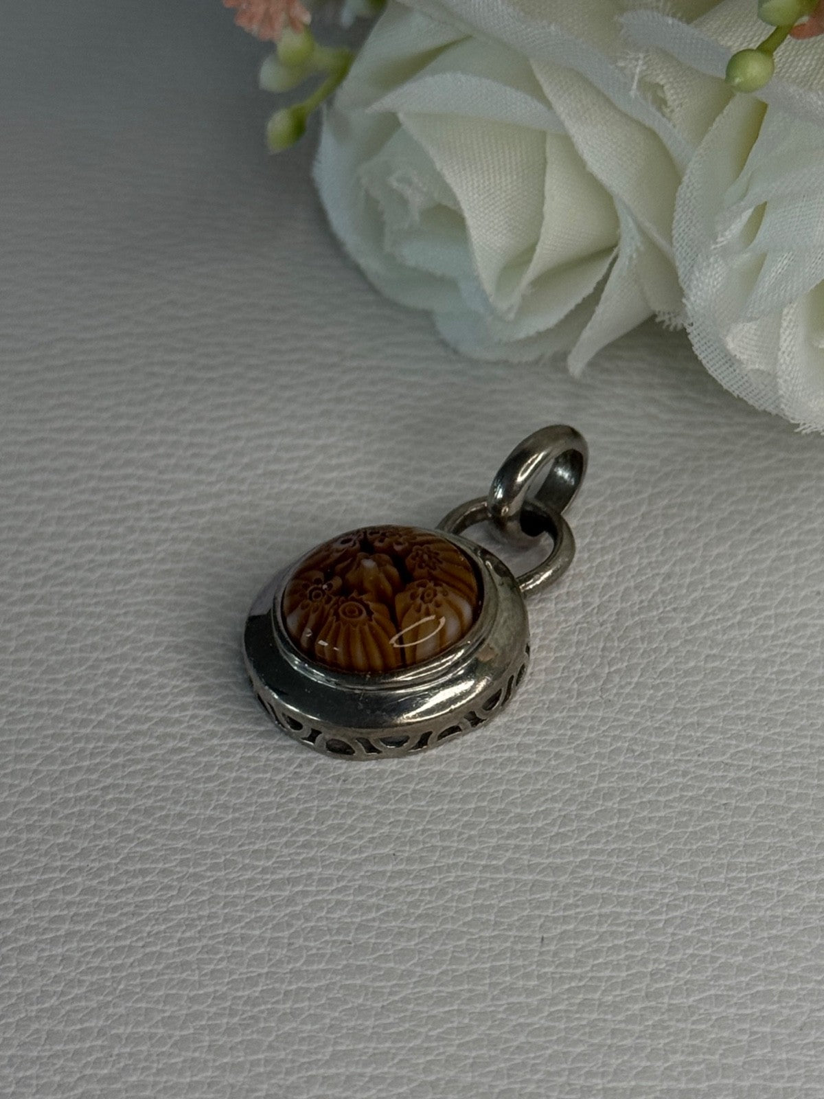 925 Sterling Silver Amber Carved Flower Pendant Length 1.25 Inch