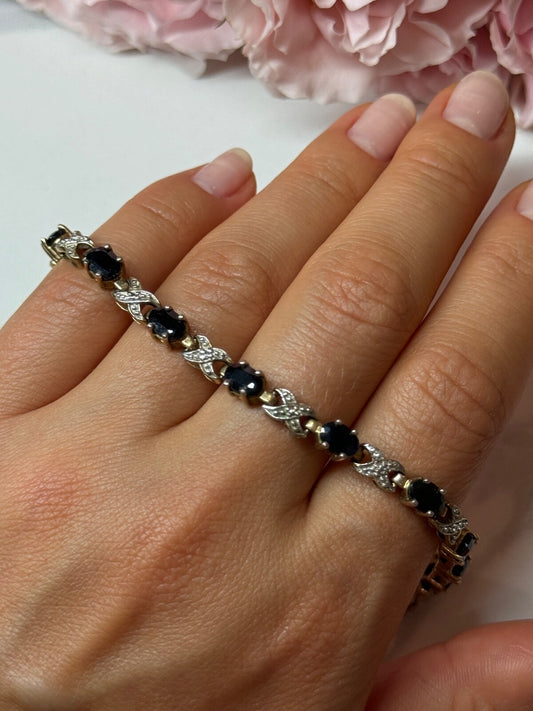 925 Sterling Silver Gold Plated Sapphire Bracelet Length 7.5 in