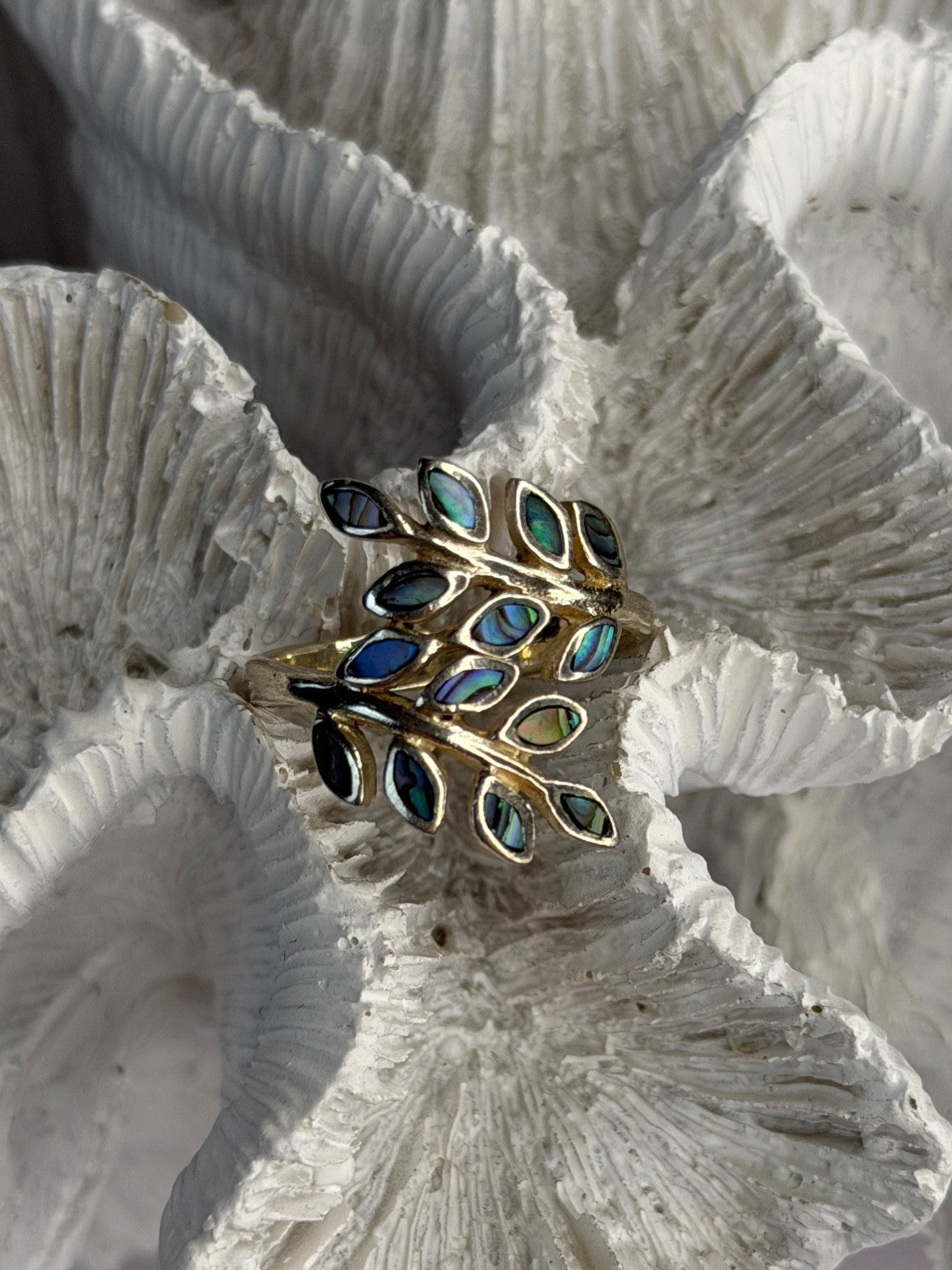 925 Sterling Silver Leaf Abalone Ring Size 8.5