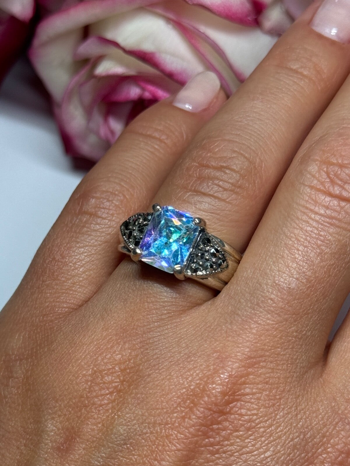 925 Sterling Silver CZ & Marcasite Ring Size 6