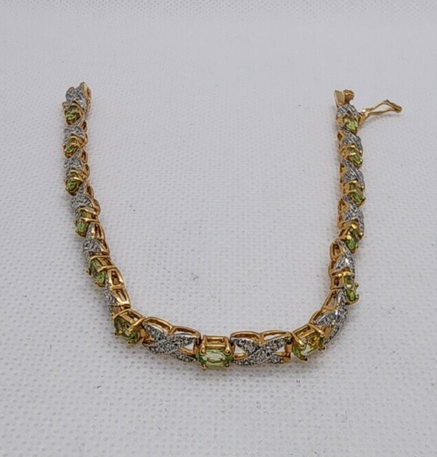 925 Sterling Silver Vermeil Peridot AND Diamonds Bracelet Size 7 IN