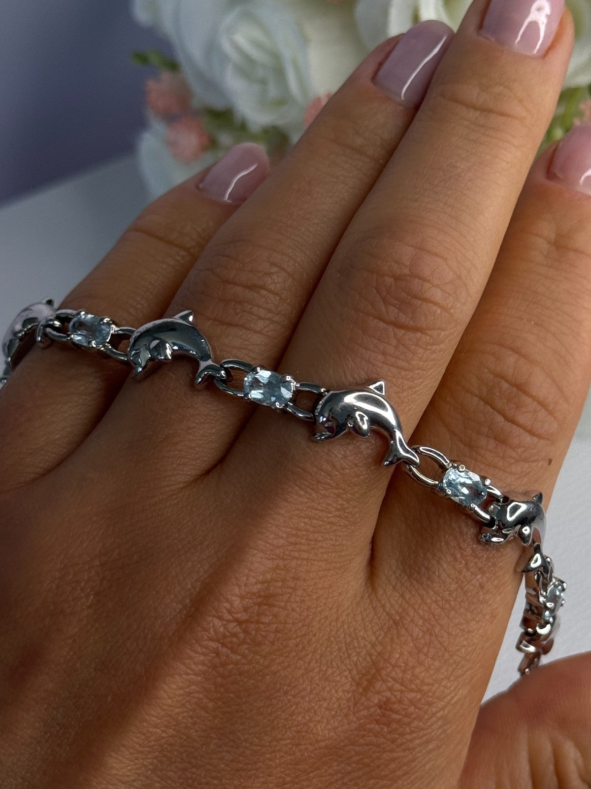 925 Sterling Silver Topaz Dolphin Bracelet Length 7.5