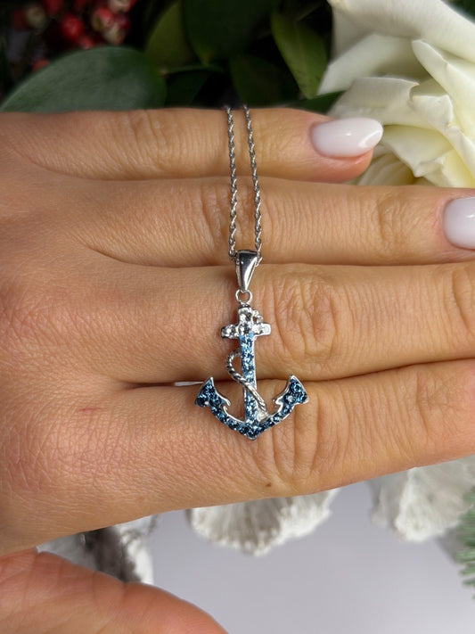 925 Sterling Silver Anchor Cz Necklace Length 19 in