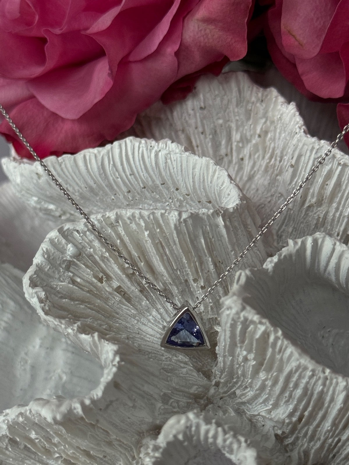 14K White Gold Tanzanite Trillion Necklace Length 18 inch
