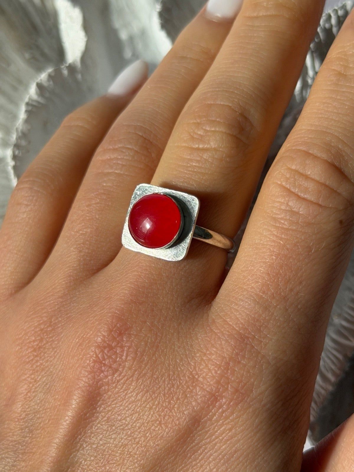 Vintage 925 Sterling Silver Red Coral Ring Size 8
