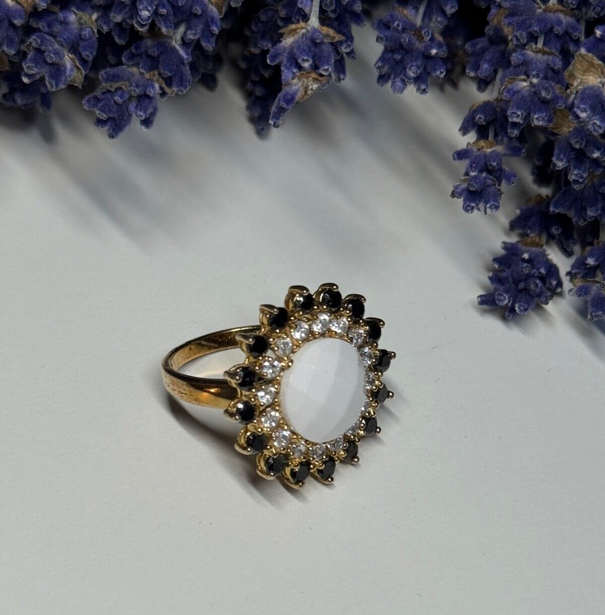 925 Sterling Silver Agate, White & Blue Sapphire Ring Size 7