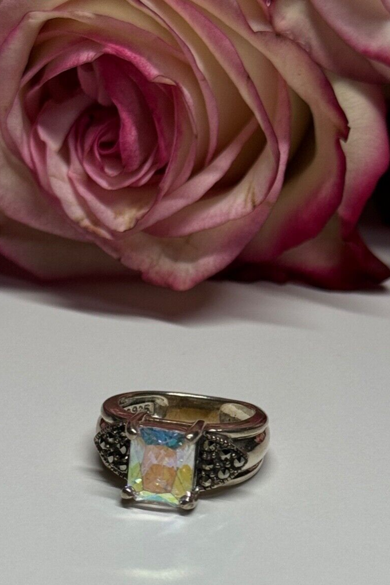 925 Sterling Silver CZ & Marcasite Ring Size 6