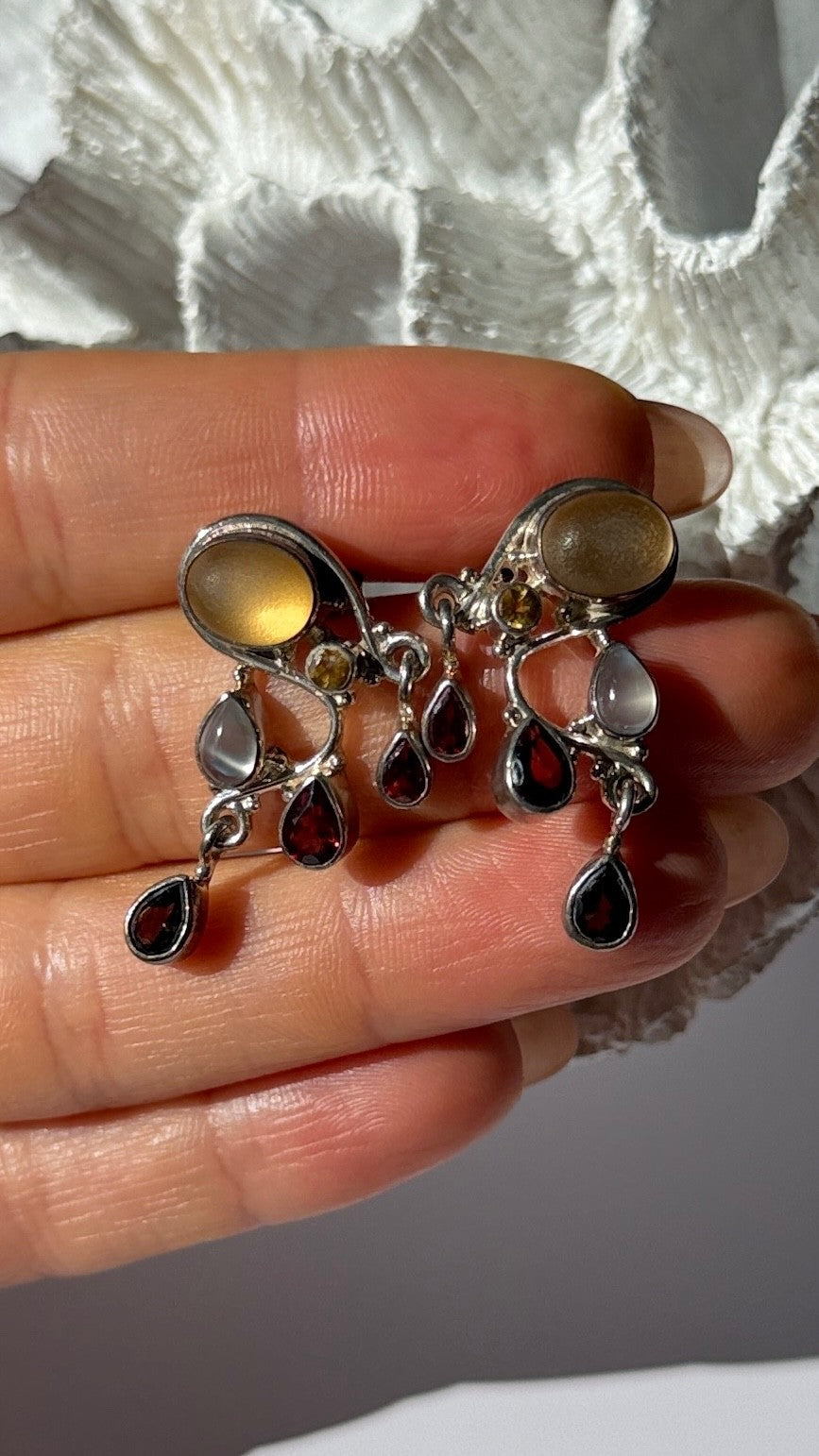 Vintage 925 Sterling Silver Multi Color Gemstones Earrings