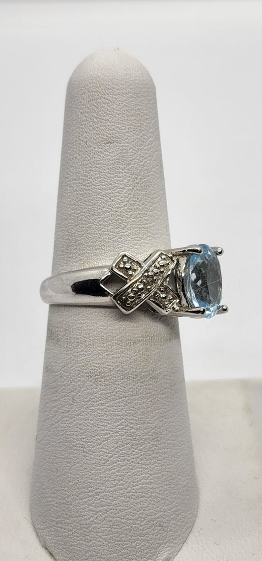 925 Sterling Silver With Topaz & Diamonds Ring Size 7
