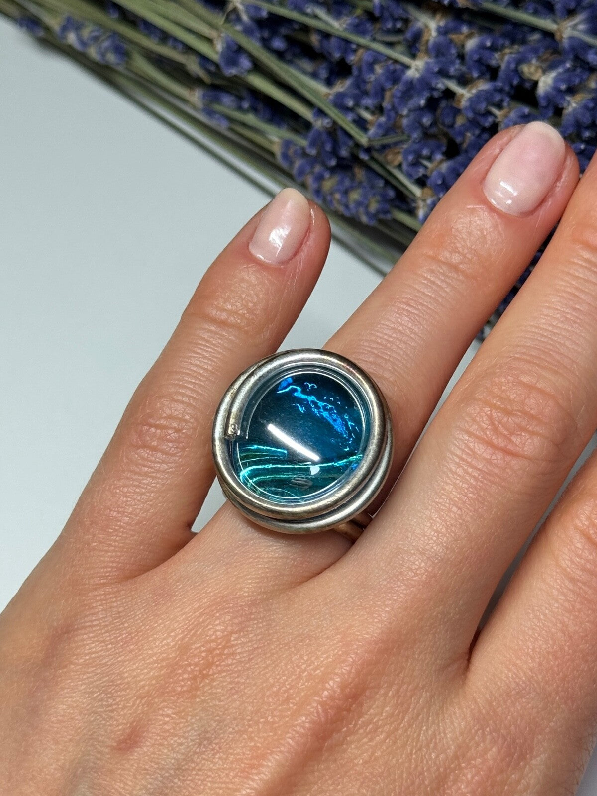 Modern Art Design Blue CZ Ring Size 6