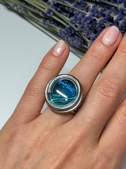Modern Art Design Blue CZ Ring Size 6
