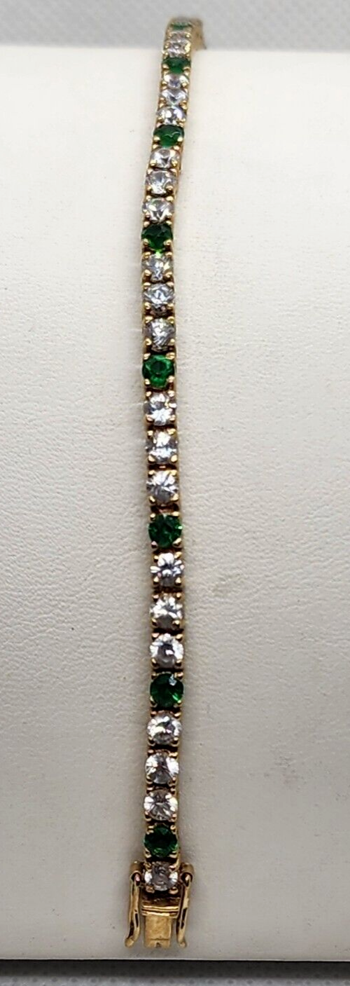 925 Sterling Silver Vermeil Emerald AND Quartz Bracelet Size 7 IN