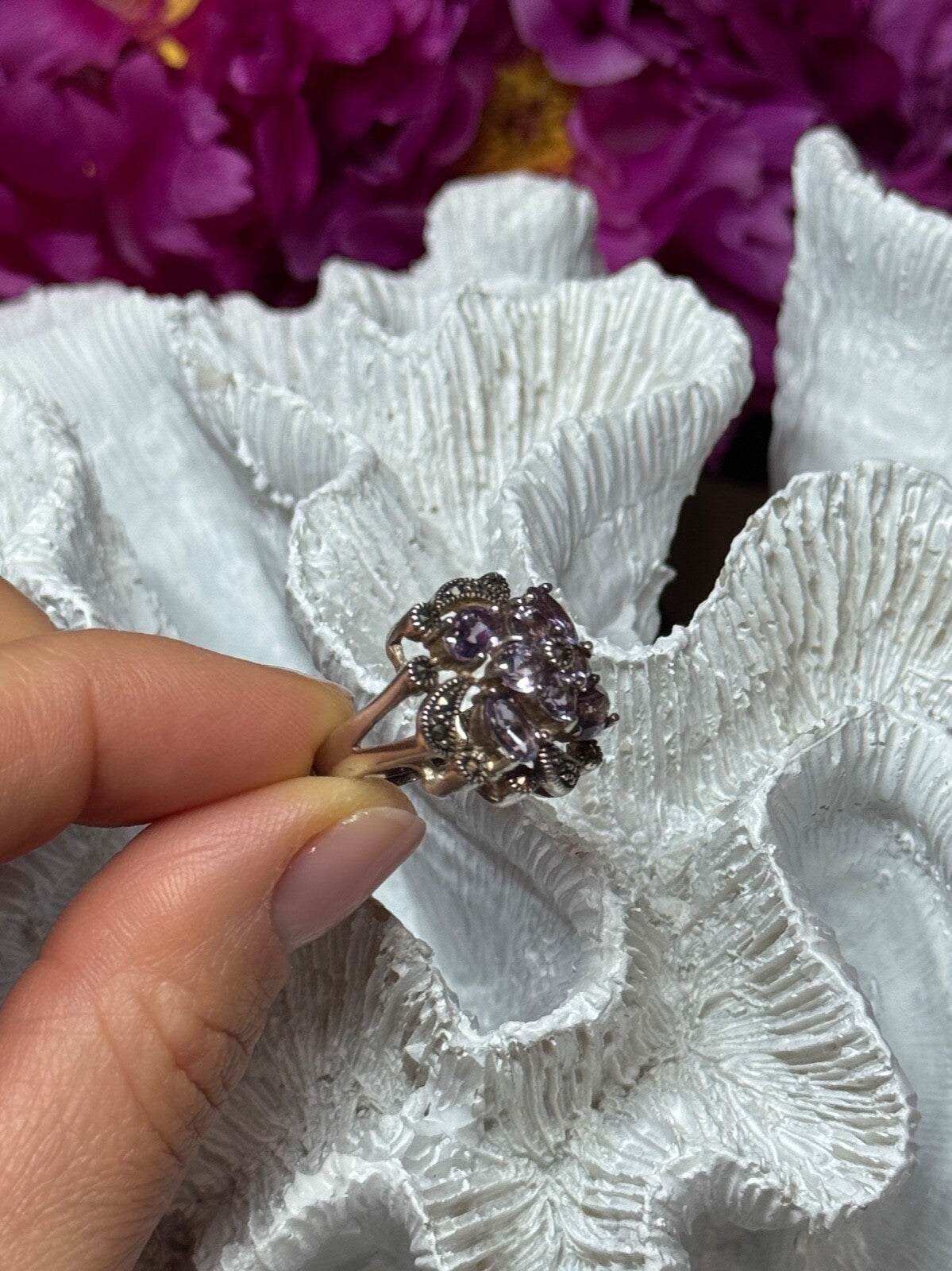 925 Sterling Silver Amethyst & Marcasite Ring Size 5