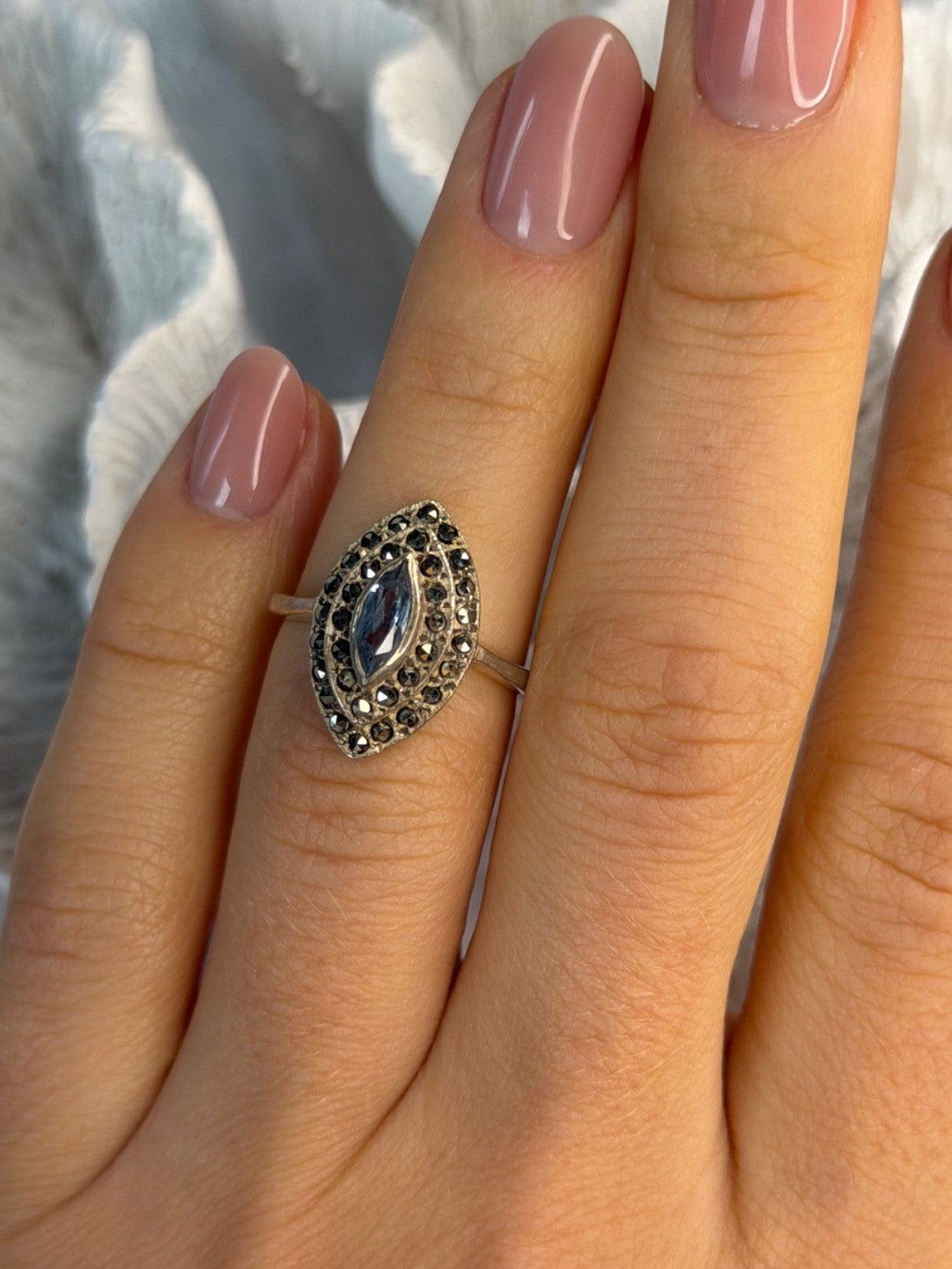 925 Sterling Silver Topaz & Marcasites Ring Size 5.5