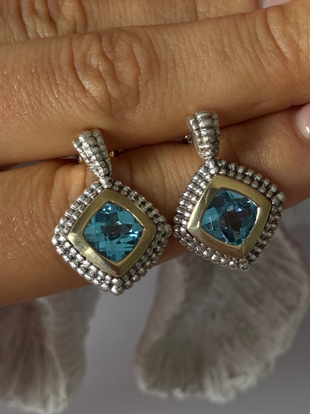 14K Yellow Gold & 925 Sterling Silver Blue Topaz Earrings