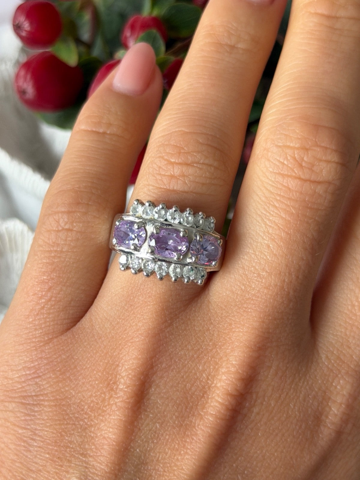 925 Sterling Silver Amethyst & Beryl Ring Size 7