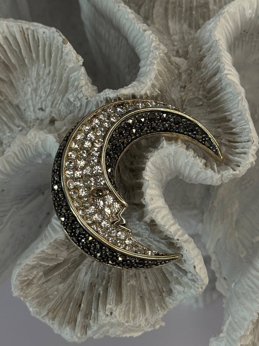925 Sterling Silver Moon Marcasite & Cz Brooch Length 1.40 Inch
