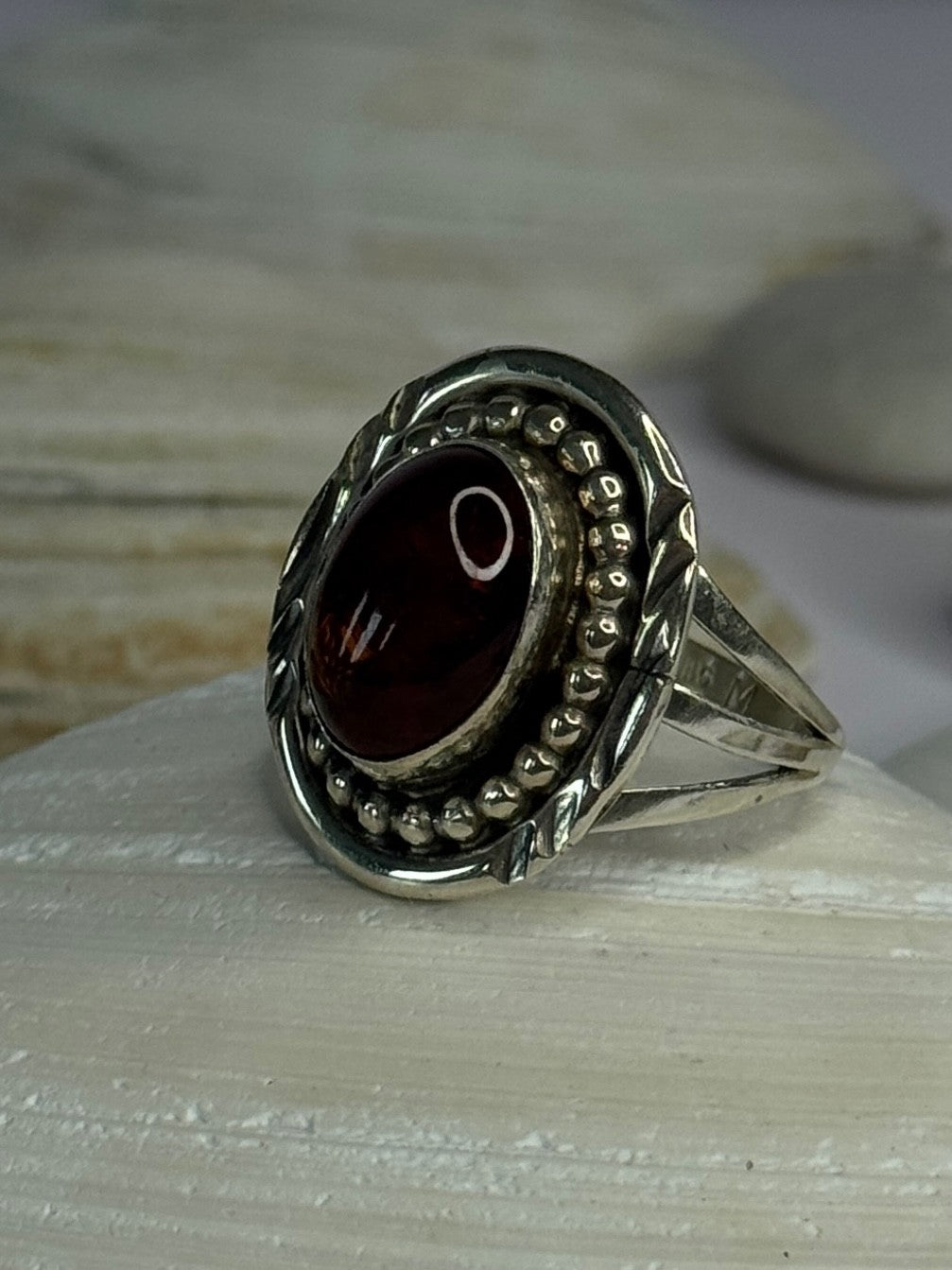Vintage Design 925 Sterling Silver Amber Ring Size 9