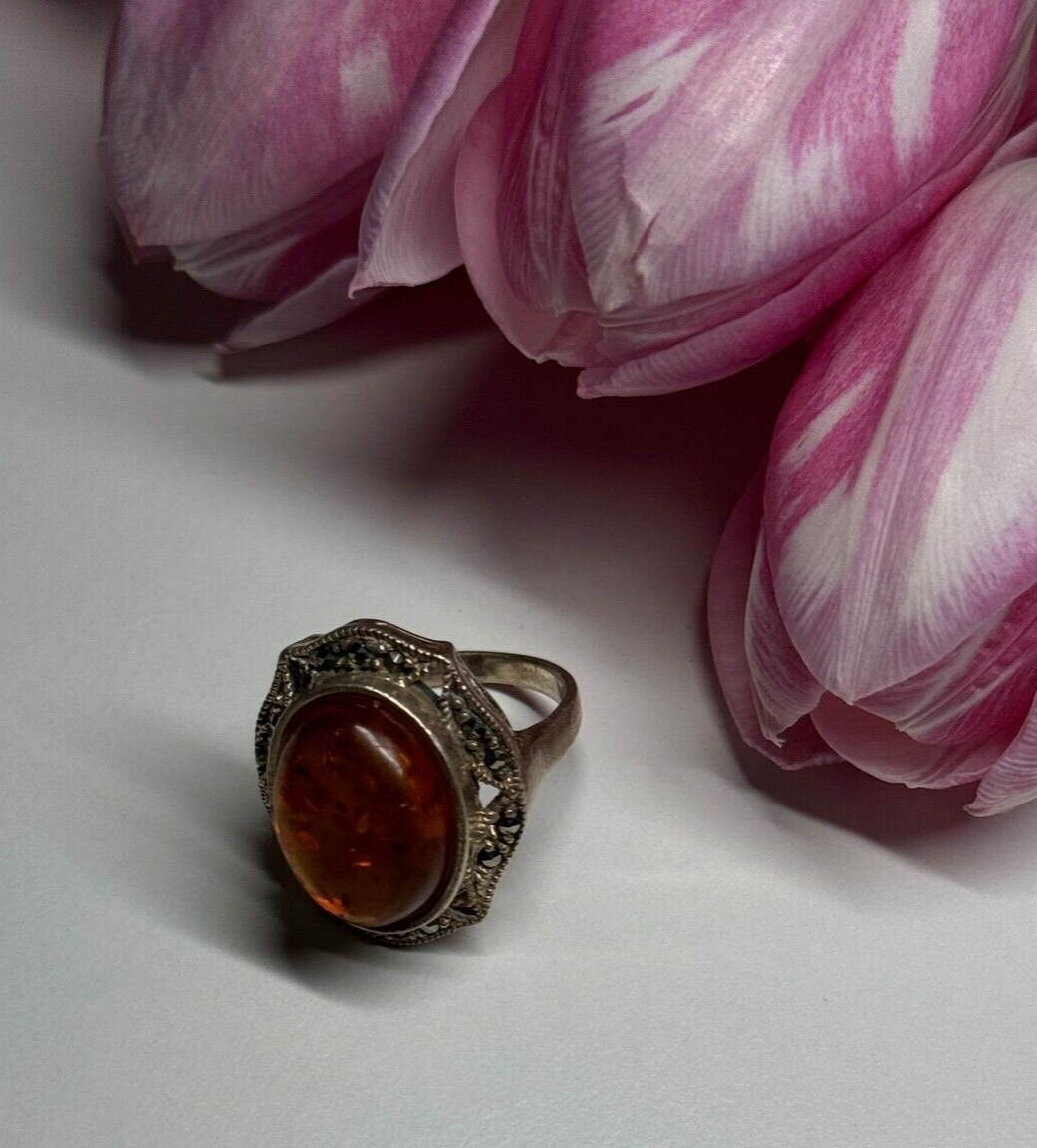 925 Sterling Silver Amber & Marcasite Ring Size 5