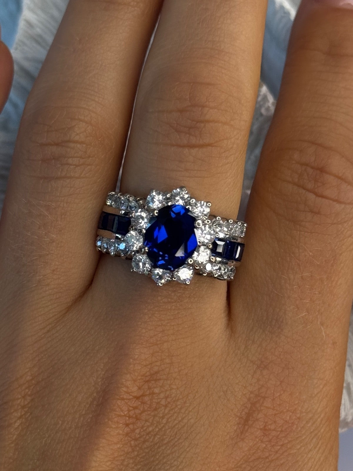 925 Sterling Silver Sapphire & Beryl Flower Ring Size 7.5