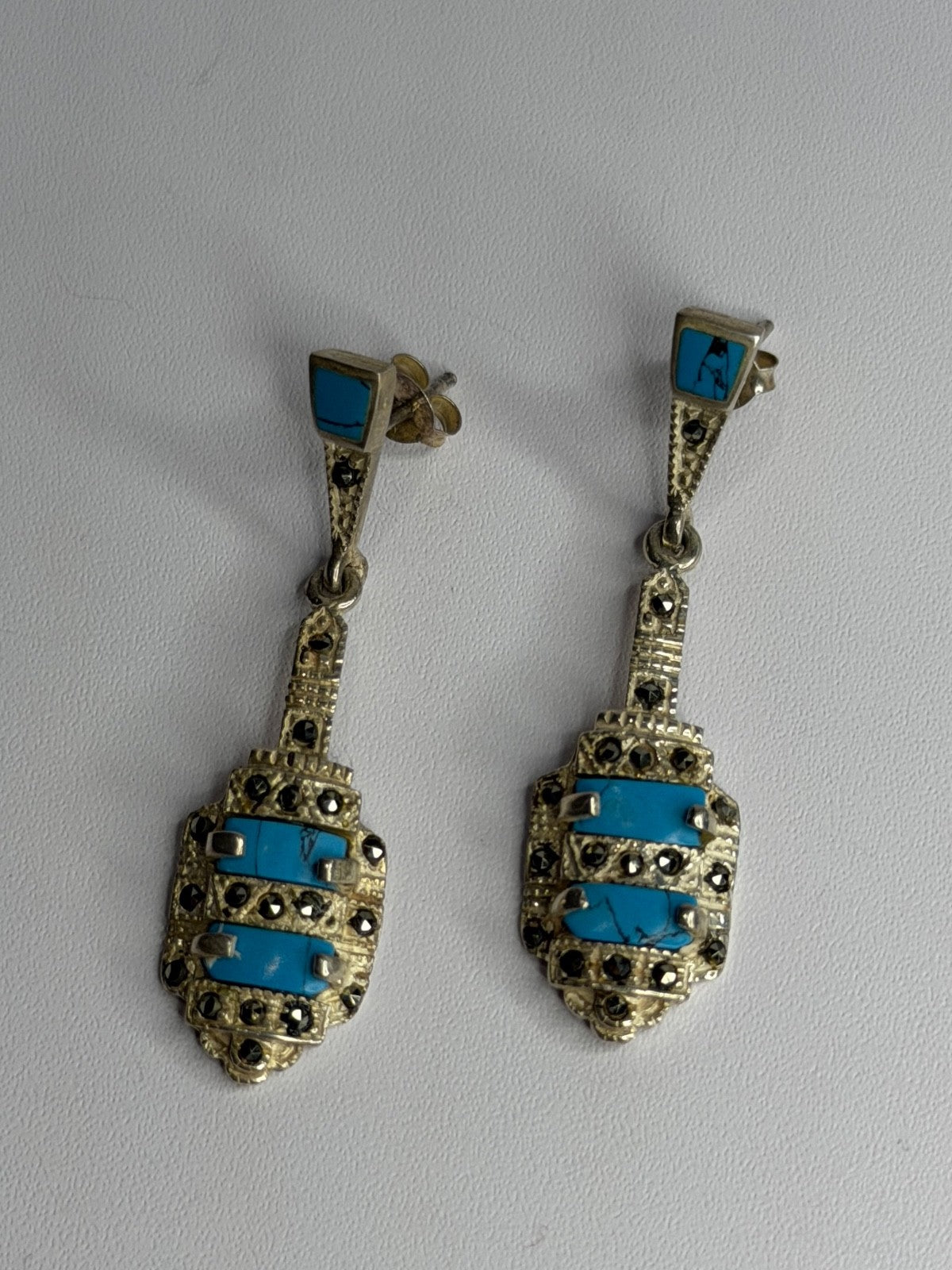 Vintage 925 Sterling Silver Turquoise & Marcasite Earrings