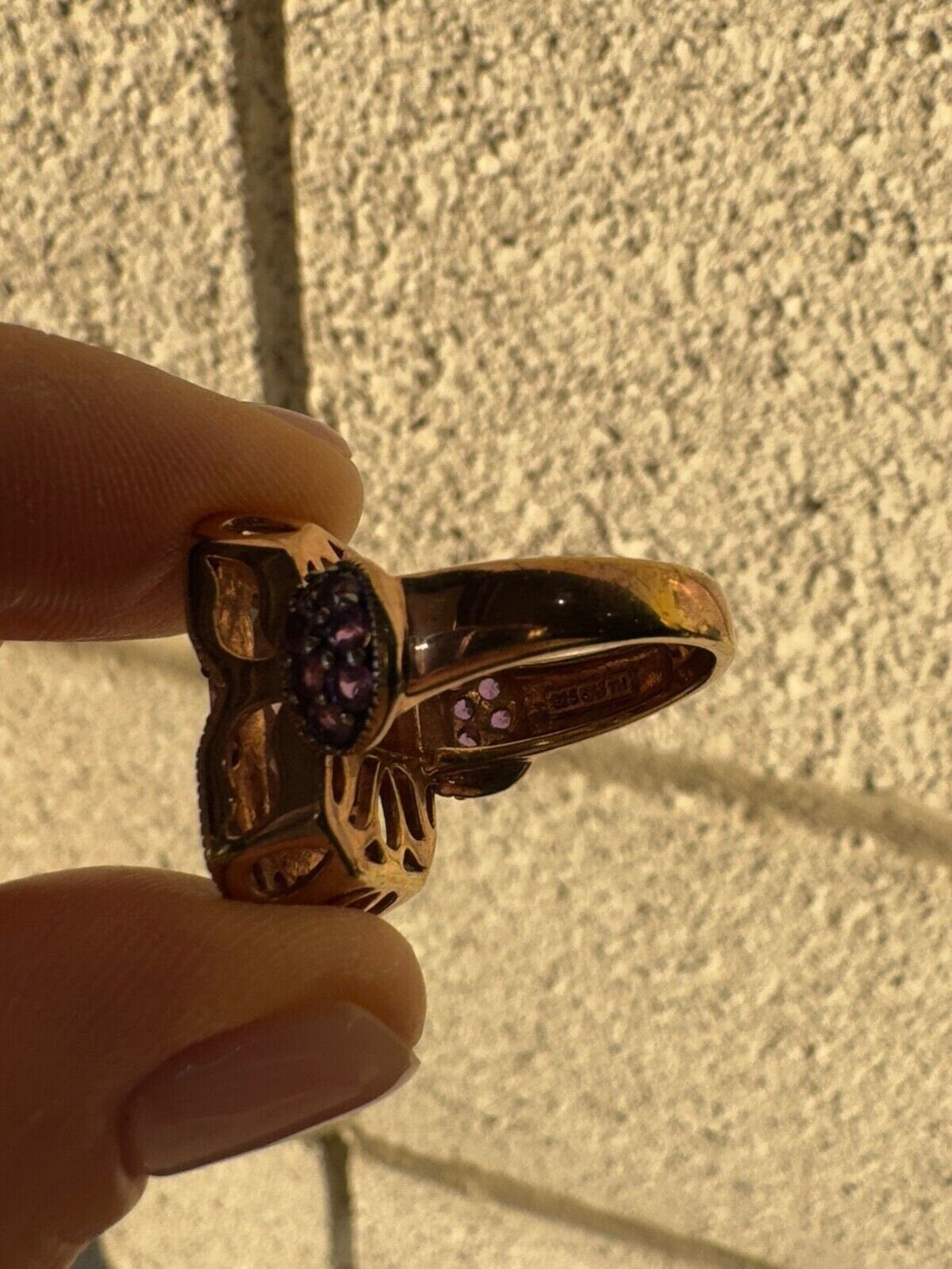 925 Sterling Silver Gold Plated Morganite & Amethyst Ring Size 6