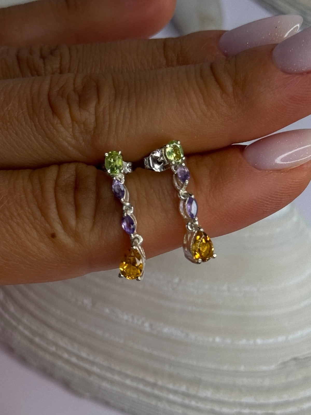 925 Sterling Silver Peridot & Amethyst & Citrine Earrings Length 0.90 Inch