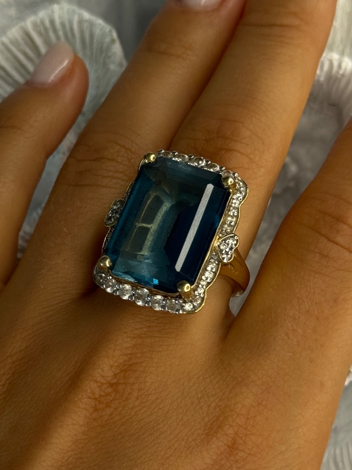 925 Sterling Silver Gold Plated Sapphire & Beryl Ring Size 9