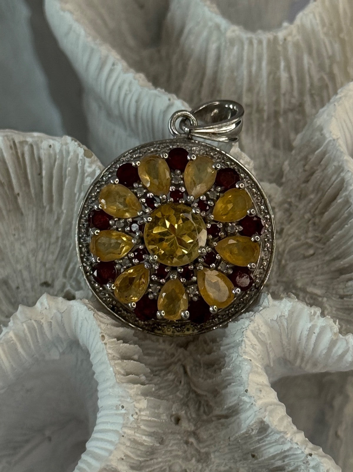 925 Sterling Silver Citrine Garnet Diamond Pendant Length 1.50 Inch