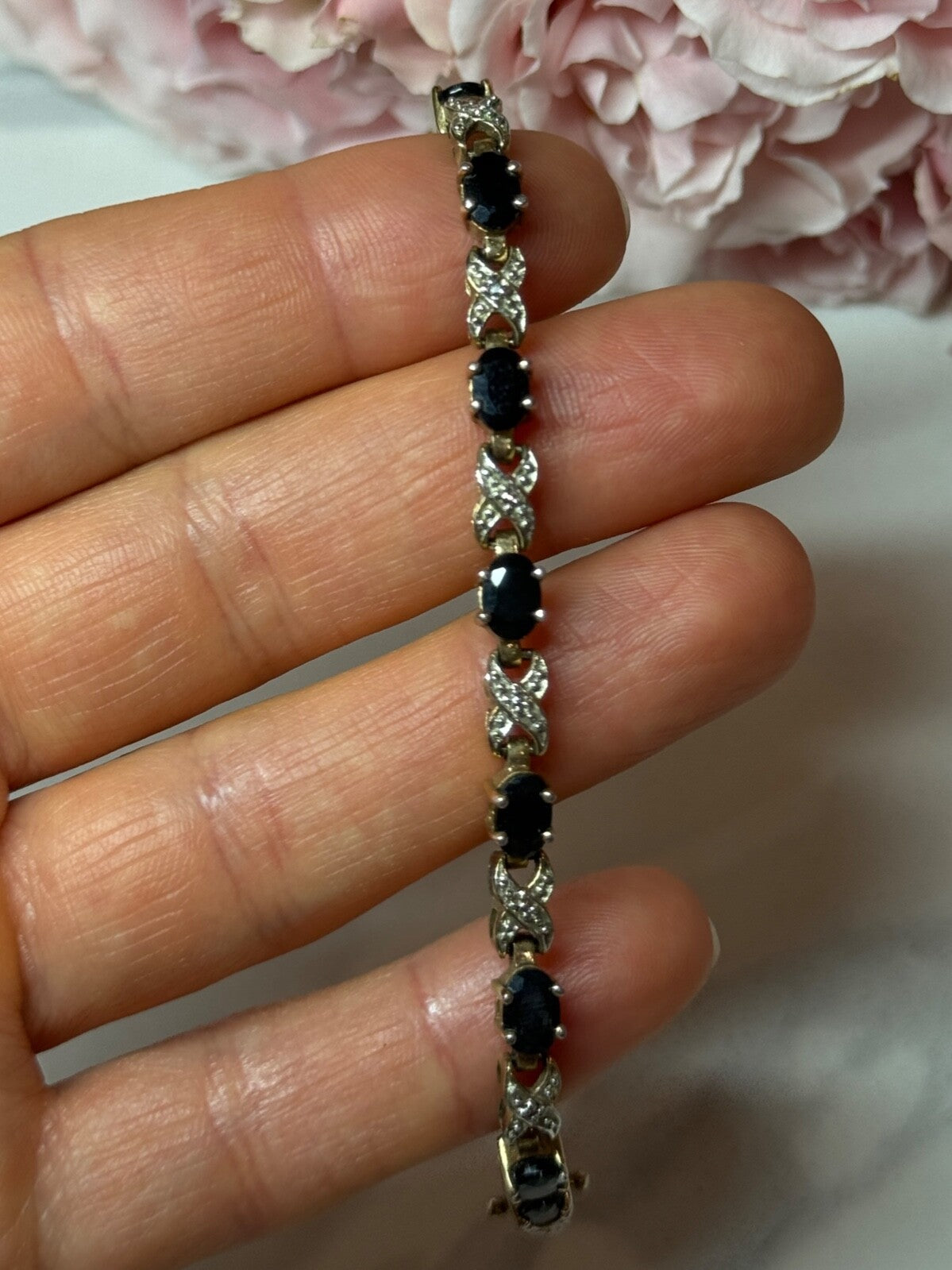 925 Sterling Silver Gold Plated Sapphire Bracelet Length 7.5 in