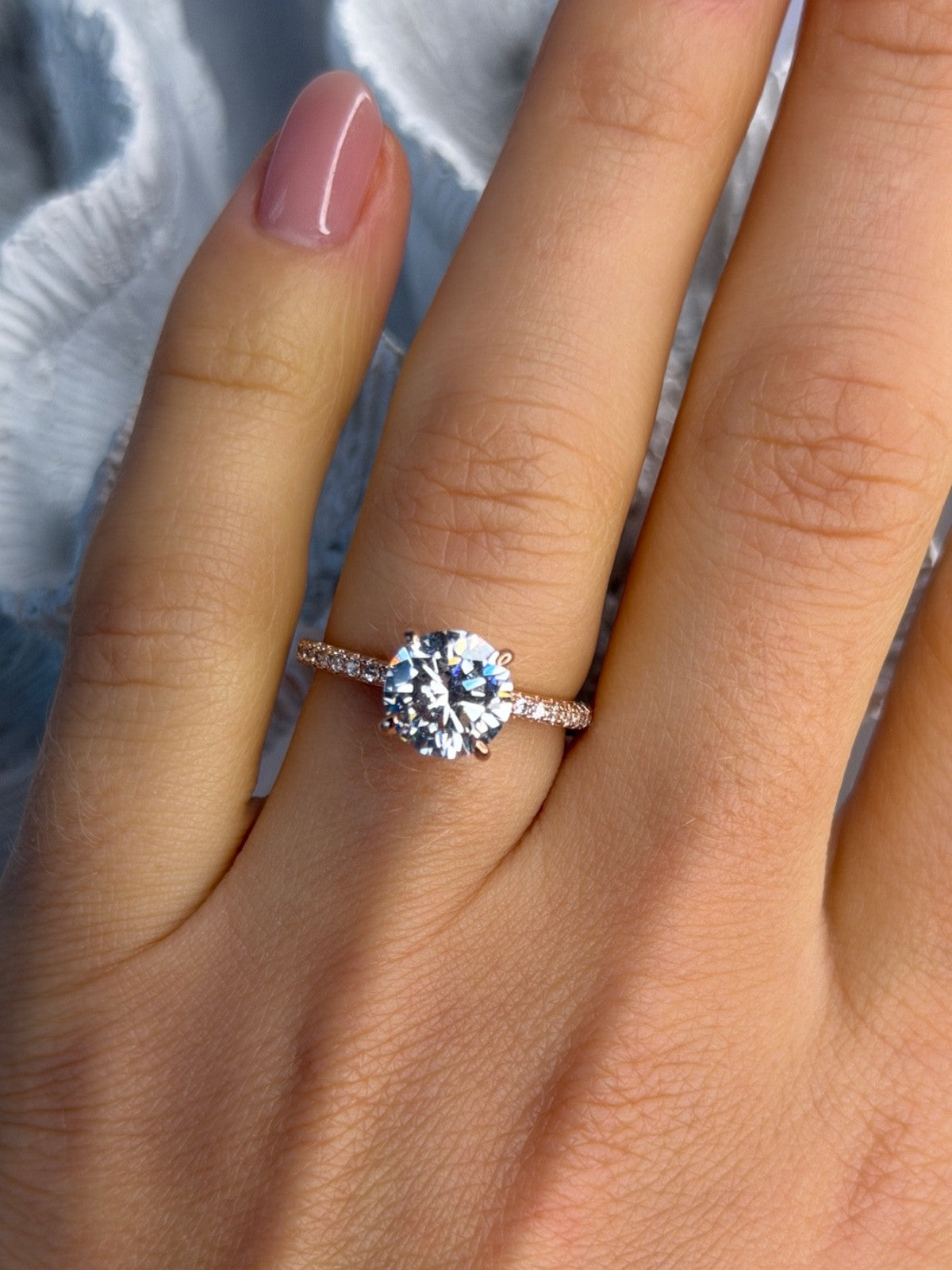 AZL 925 Sterling Silver Rose Gold Plated Lab-Created Diamond Ring Size 7