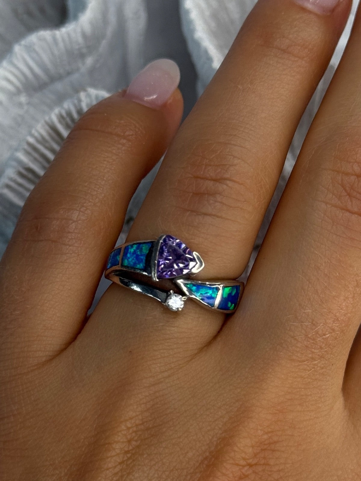 925 Sterling Silver Amethyst & Beryl & Opal Ring Size 7