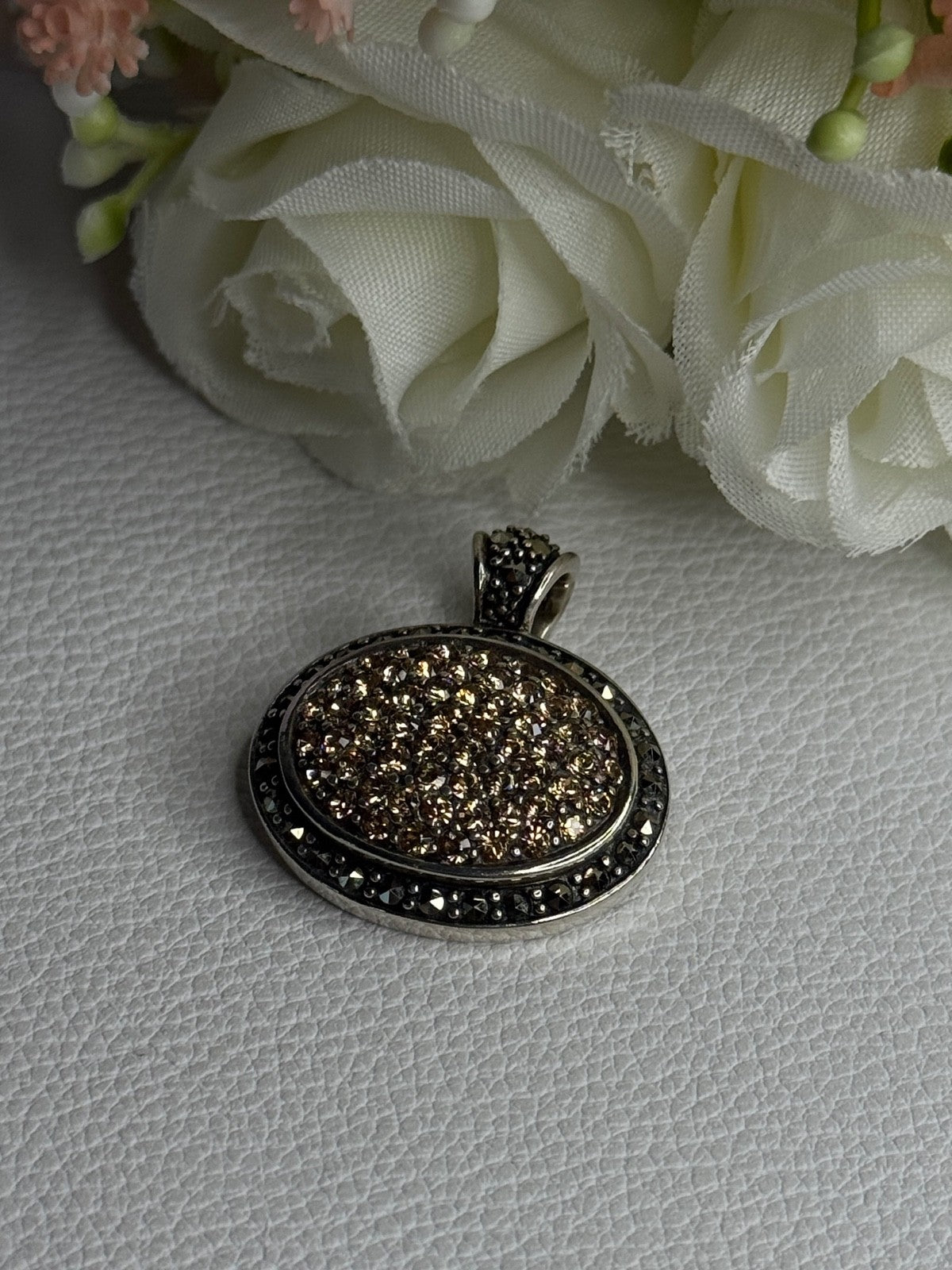 Elegant 925 Sterling Silver Citrine & Marcasite Pendant Length 1.10 Inch